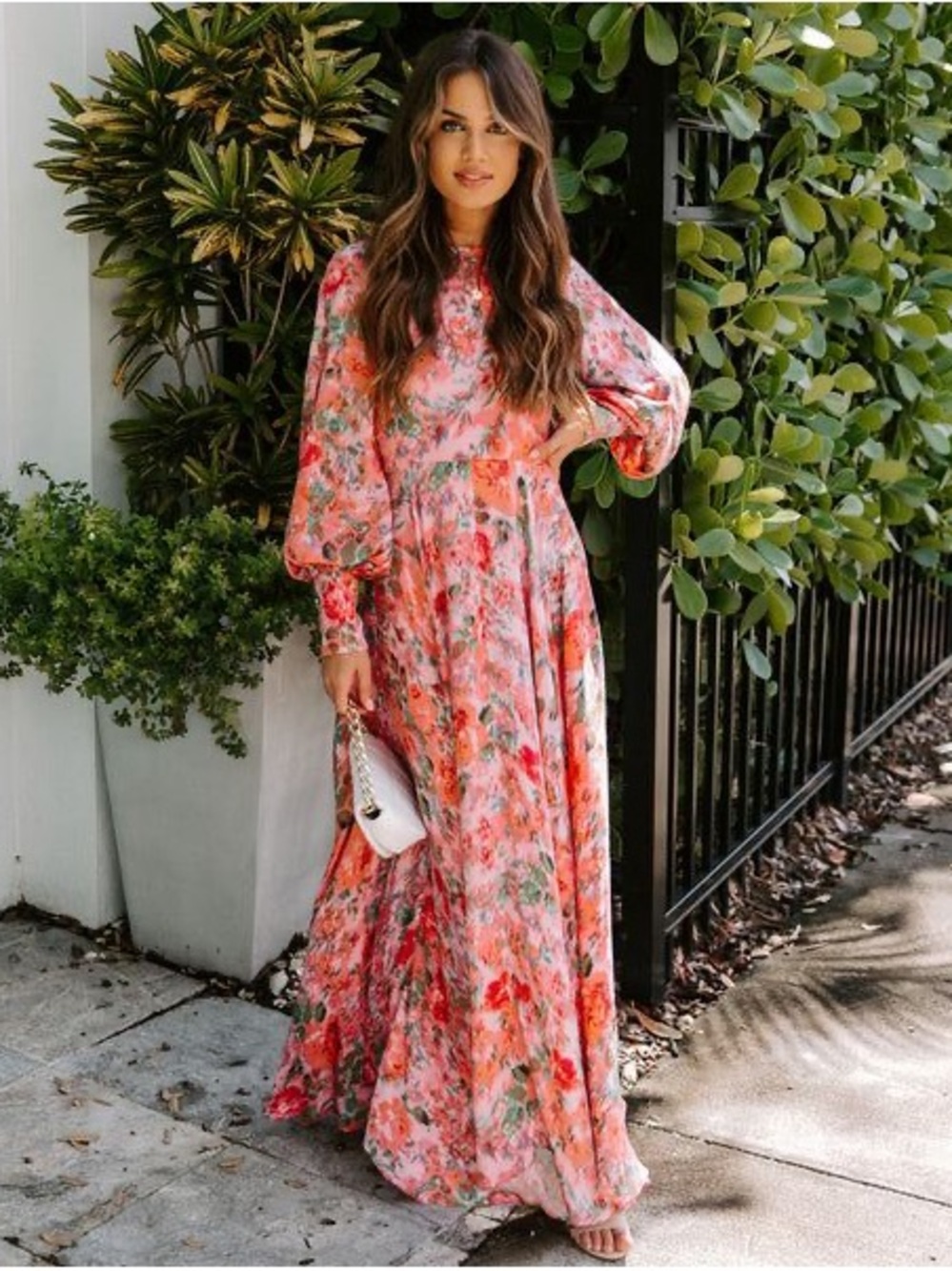 Vici Coral Pink Floral Maxi Dress with Bishop Sleeves